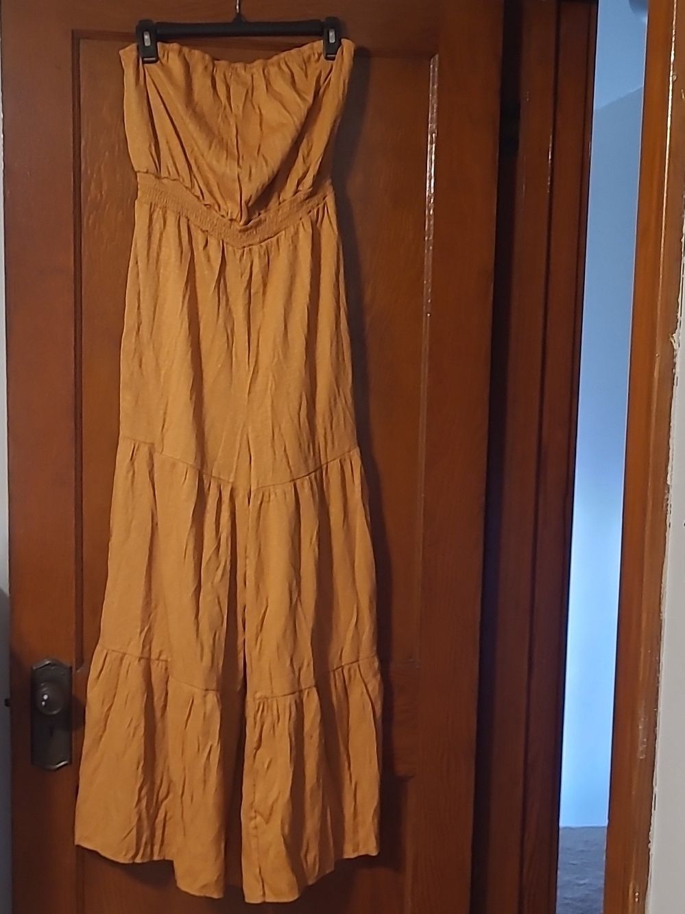 SHEIN Strapless Tiered Jump Suit in Mustard Yellow